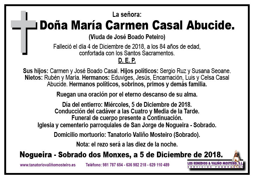Esquela de María Carmen Casal Abucide.